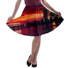 New York City Urban Skyline Harbor A-line Skater Skirt by BangZart