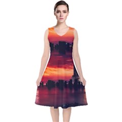 New York City Urban Skyline Harbor V-neck Midi Sleeveless Dress 