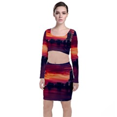 New York City Urban Skyline Harbor Long Sleeve Crop Top & Bodycon Skirt Set