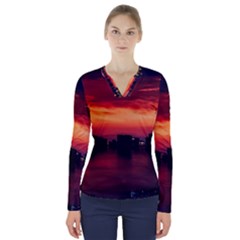 New York City Urban Skyline Harbor V-neck Long Sleeve Top by BangZart