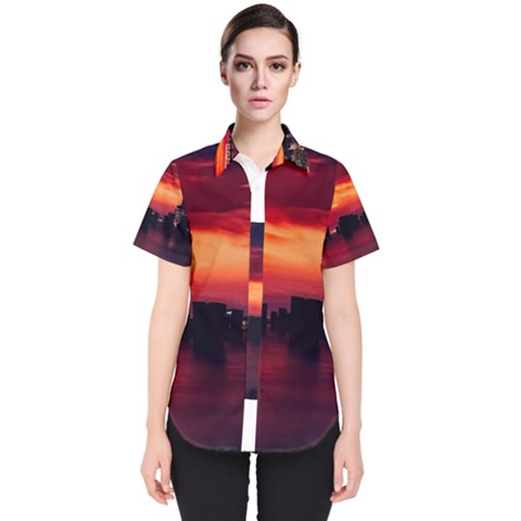 New York City Urban Skyline Harbor Women s Short Sleeve Shirt by BangZart