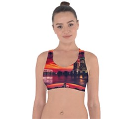 New York City Urban Skyline Harbor Cross String Back Sports Bra