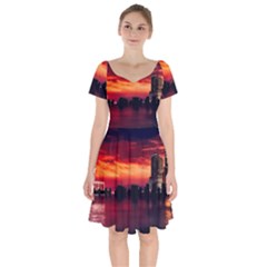 New York City Urban Skyline Harbor Short Sleeve Bardot Dress by BangZart