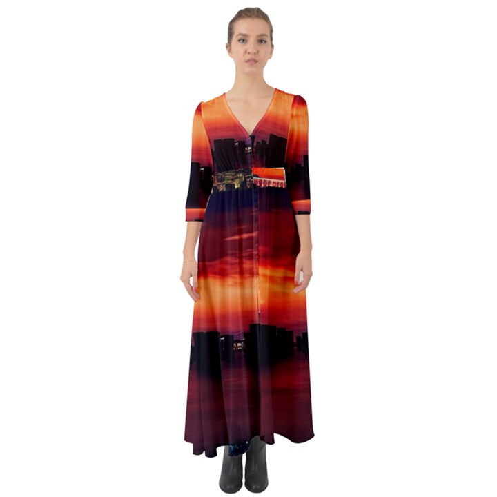 New York City Urban Skyline Harbor Button Up Boho Maxi Dress