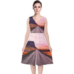 Iceland Sky Clouds Sunset V-neck Midi Sleeveless Dress  by BangZart