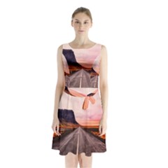 Iceland Sky Clouds Sunset Sleeveless Waist Tie Chiffon Dress by BangZart