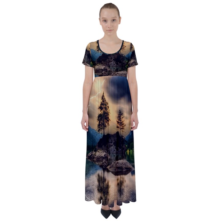 Sunset Dusk Sky Clouds Lightning High Waist Short Sleeve Maxi Dress