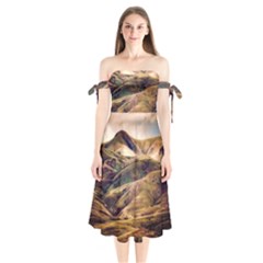 Iceland Mountains Sky Clouds Shoulder Tie Bardot Midi Dress by BangZart