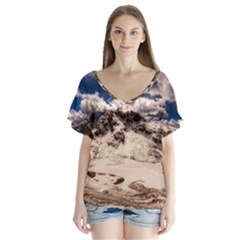 Italy Landscape Mountains Winter V-neck Flutter Sleeve Top by BangZart