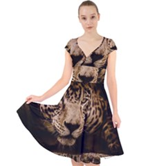 Jaguar Water Stalking Eyes Cap Sleeve Front Wrap Midi Dress