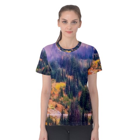 Landscape Fog Mist Haze Forest Women s Cotton Tee by BangZart