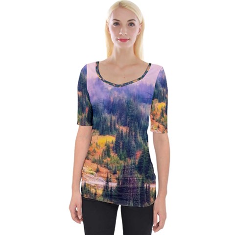 Landscape Fog Mist Haze Forest Wide Neckline Tee by BangZart