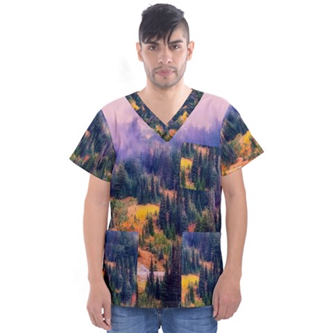 Landscape Fog Mist Haze Forest Men s V-neck Scrub Top by BangZart