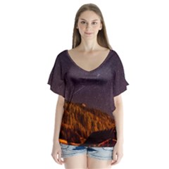 Italy Cabin Stars Milky Way Night V-neck Flutter Sleeve Top by BangZart