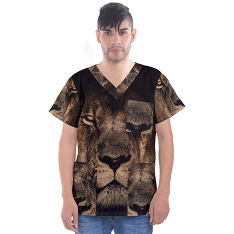 African Lion Mane Close Eyes Men s V-neck Scrub Top by BangZart