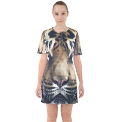 Tiger Bengal Stripes Eyes Close Sixties Short Sleeve Mini Dress by BangZart