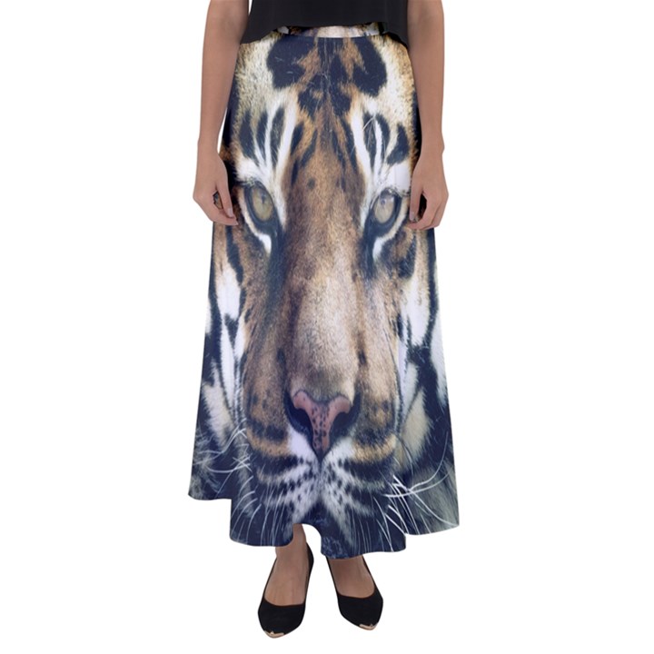 Tiger Bengal Stripes Eyes Close Flared Maxi Skirt