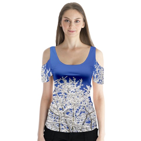 Crown Aesthetic Branches Hoarfrost Butterfly Sleeve Cutout Tee  by BangZart