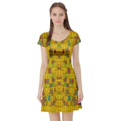 Rainbow Stars In The Golden Skyscape Short Sleeve Skater Dress by pepitasart