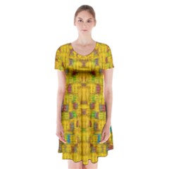 Rainbow Stars In The Golden Skyscape Short Sleeve V-neck Flare Dress by pepitasart