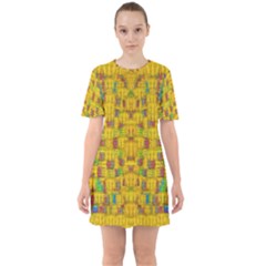 Rainbow Stars In The Golden Skyscape Sixties Short Sleeve Mini Dress by pepitasart