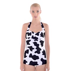 Animal Print Black And White Black Boyleg Halter Swimsuit  by BangZart