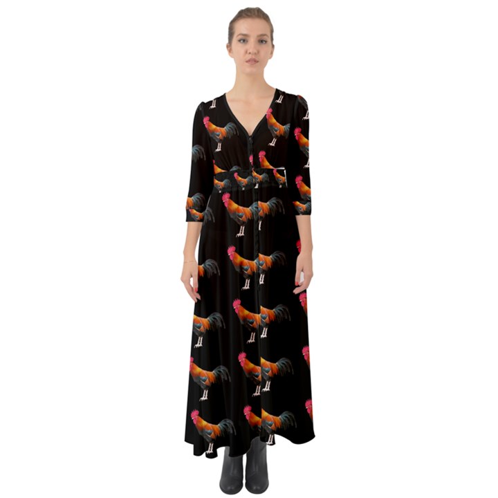 Background Pattern Chicken Fowl Button Up Boho Maxi Dress