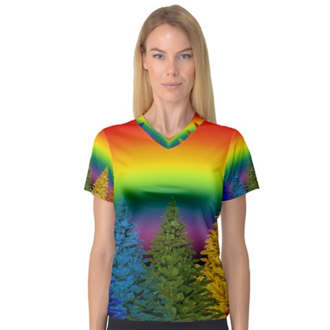 Christmas Colorful Rainbow Colors V-neck Sport Mesh Tee by BangZart