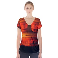 Tree Series Sun Orange Sunset Short Sleeve Front Detail Top by BangZart