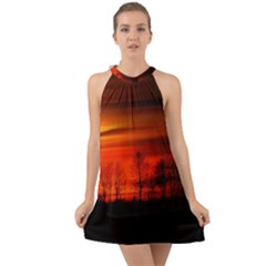 Tree Series Sun Orange Sunset Halter Tie Back Chiffon Dress