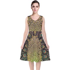 Peacock Feathers Wheel Plumage V-neck Midi Sleeveless Dress  by BangZart