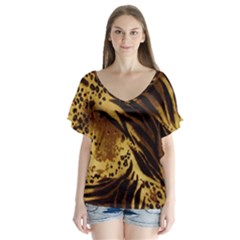 Pattern Tiger Stripes Print Animal V-neck Flutter Sleeve Top by BangZart