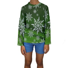 Christmas Star Ice Crystal Green Background Kids  Long Sleeve Swimwear by BangZart