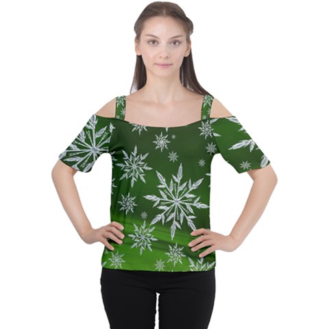 Christmas Star Ice Crystal Green Background Cutout Shoulder Tee by BangZart