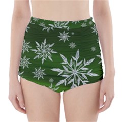 Christmas Star Ice Crystal Green Background High-waisted Bikini Bottoms by BangZart