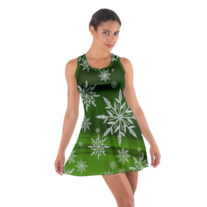 Christmas Star Ice Crystal Green Background Cotton Racerback Dress