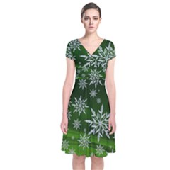 Christmas Star Ice Crystal Green Background Short Sleeve Front Wrap Dress by BangZart