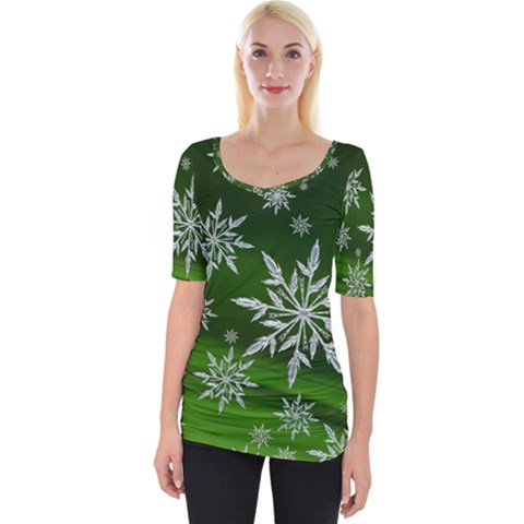 Christmas Star Ice Crystal Green Background Wide Neckline Tee by BangZart