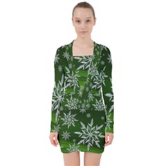 Christmas Star Ice Crystal Green Background V-neck Bodycon Long Sleeve Dress by BangZart