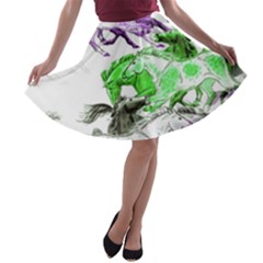 Horse Horses Animal World Green A-line Skater Skirt by BangZart