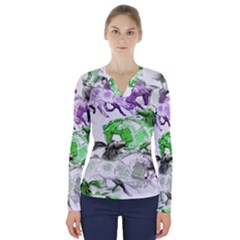 Horse Horses Animal World Green V-neck Long Sleeve Top