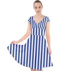 Blue Stripes Cap Sleeve Front Wrap Midi Dress