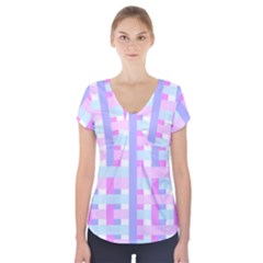 Gingham Nursery Baby Blue Pink Short Sleeve Front Detail Top by BangZart