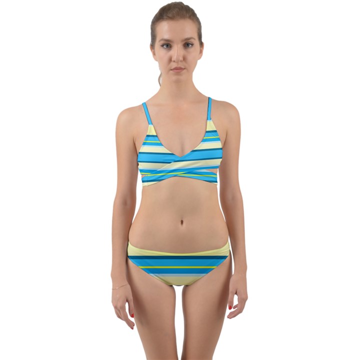 Stripes Yellow Aqua Blue White Wrap Around Bikini Set