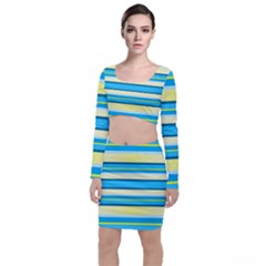 Stripes Yellow Aqua Blue White Long Sleeve Crop Top & Bodycon Skirt Set