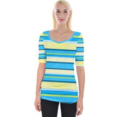 Stripes Yellow Aqua Blue White Wide Neckline Tee