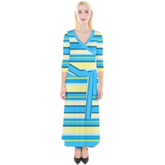 Stripes Yellow Aqua Blue White Quarter Sleeve Wrap Maxi Dress