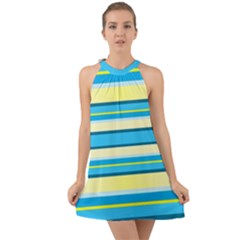 Stripes Yellow Aqua Blue White Halter Tie Back Chiffon Dress