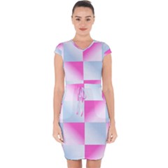 Gradient Blue Pink Geometric Capsleeve Drawstring Dress 