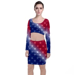 America Patriotic Red White Blue Long Sleeve Crop Top & Bodycon Skirt Set